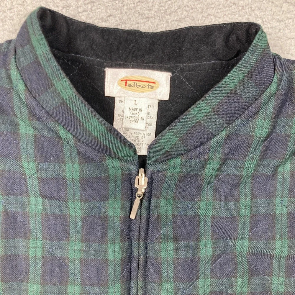 Talbots Quilted Vest Womens‎ Large Green Navy Zip Up Tartan Plaid Hiking Preppy